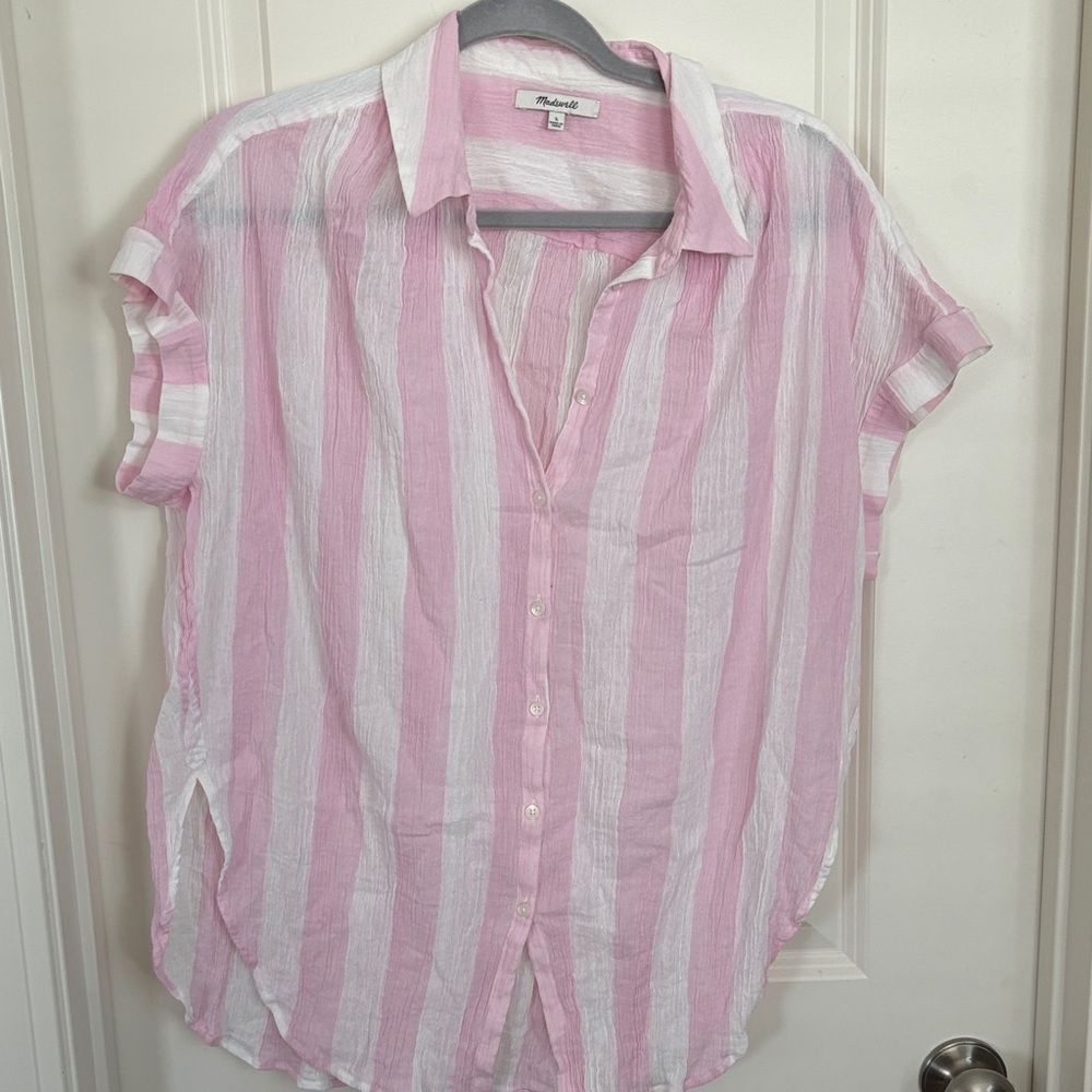 Madewell Pink and White Striped Short Sleeve Shirt